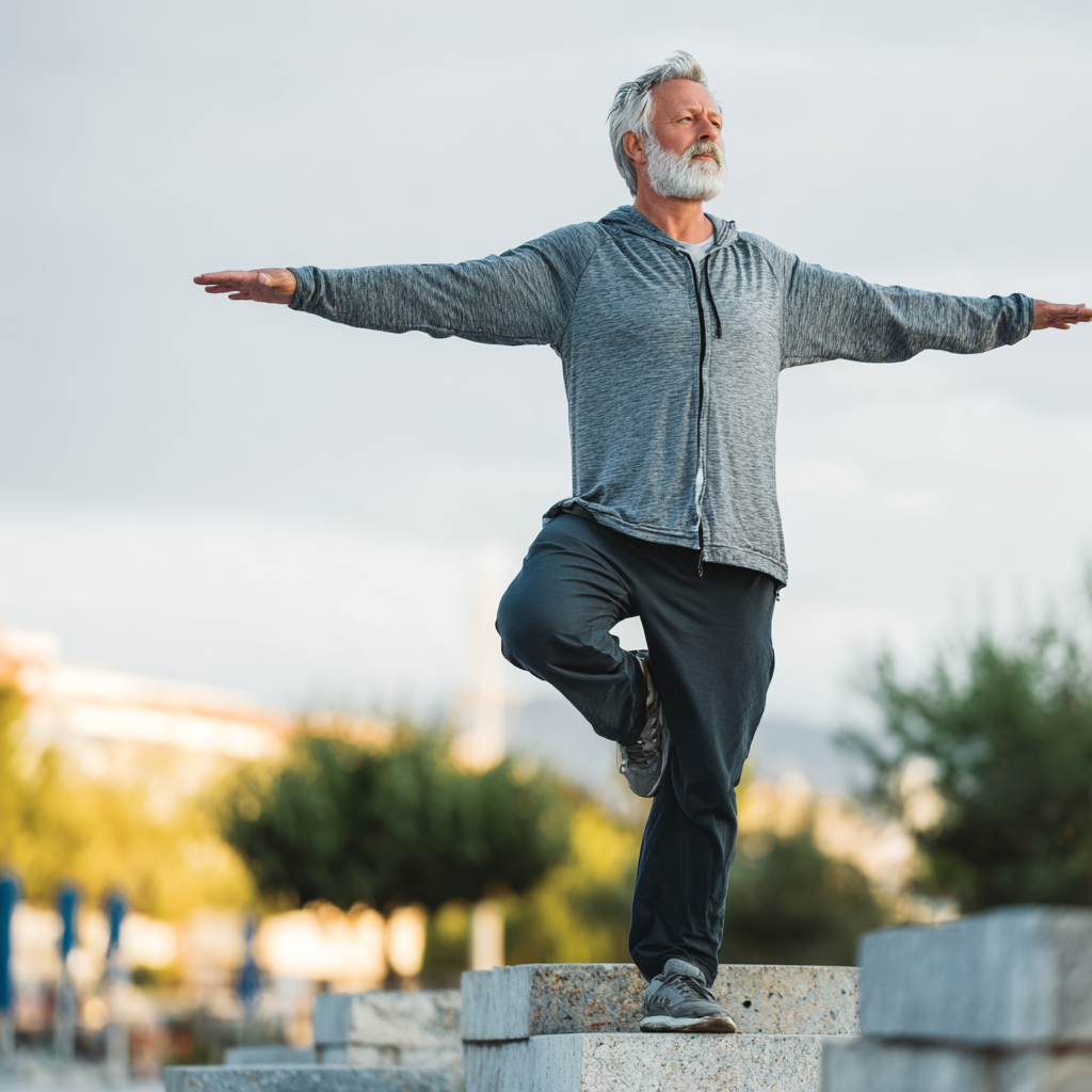 Older adult man practicing balance exercises outdoors in natural light